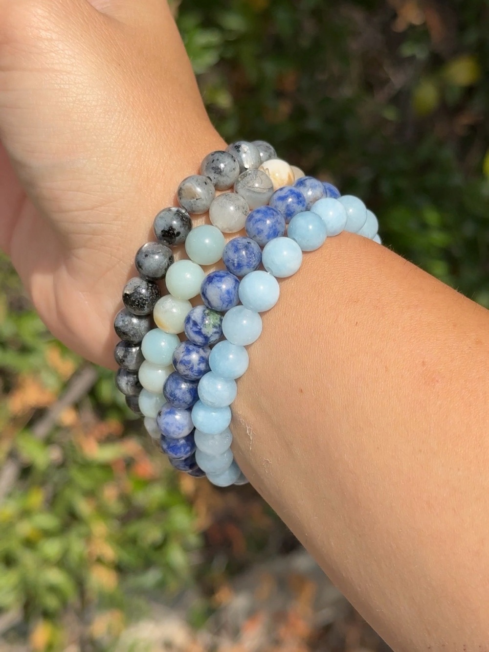 Set of 4 handmade genuine crystal bracelets Calcite Amazonite Sodalite Larvikite